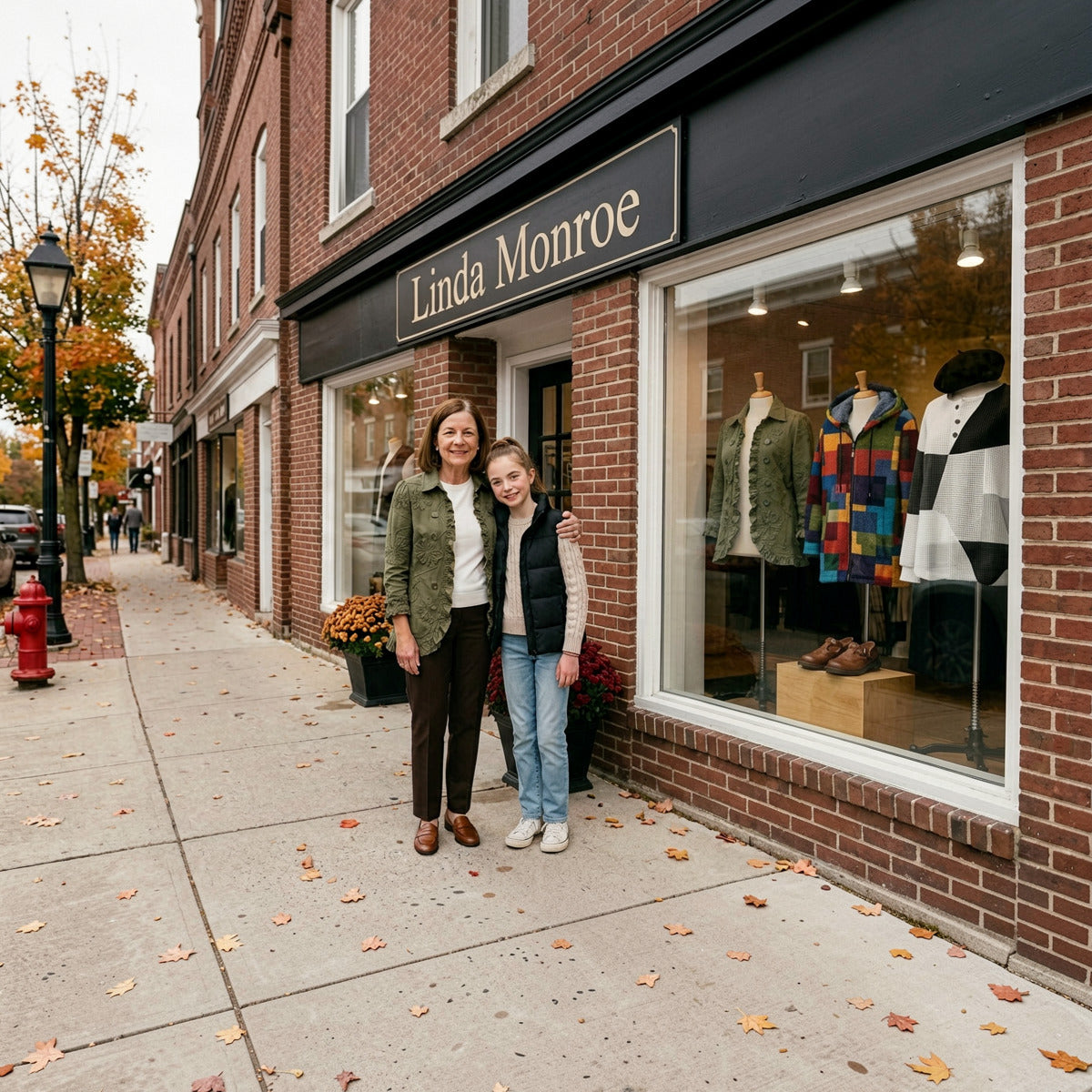 Two women in front of the Linda Monroe boutique window on an autumn day