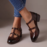 Women's Leather Brogue T-Strap Mary Janes in Brown