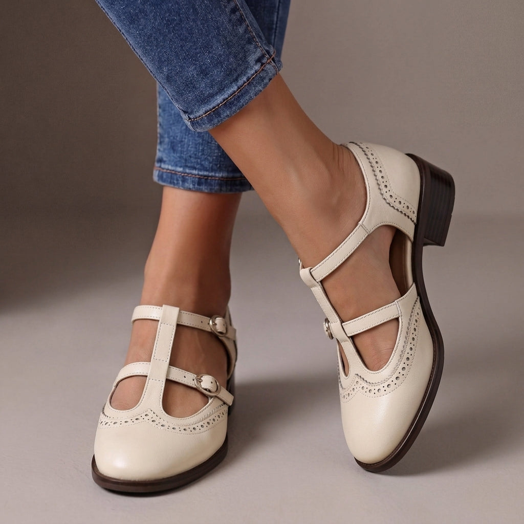 Women's Leather Brogue T-Strap Mary Janes in White