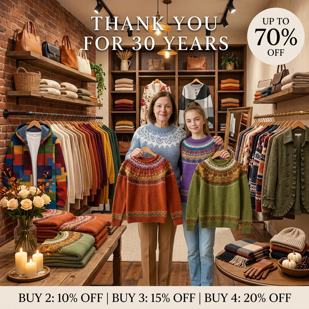 Nordic Sweaters collection banner: two women holding patterned-yoke Nordic sweaters in a boutique