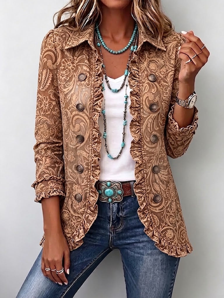 Vintage Bohemian Floral Print Ruffled Jacket in Brown