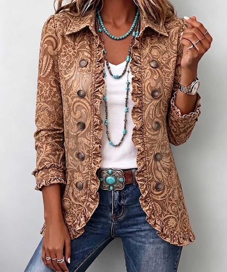 Vintage Bohemian Floral Print Ruffled Jacket in Brown