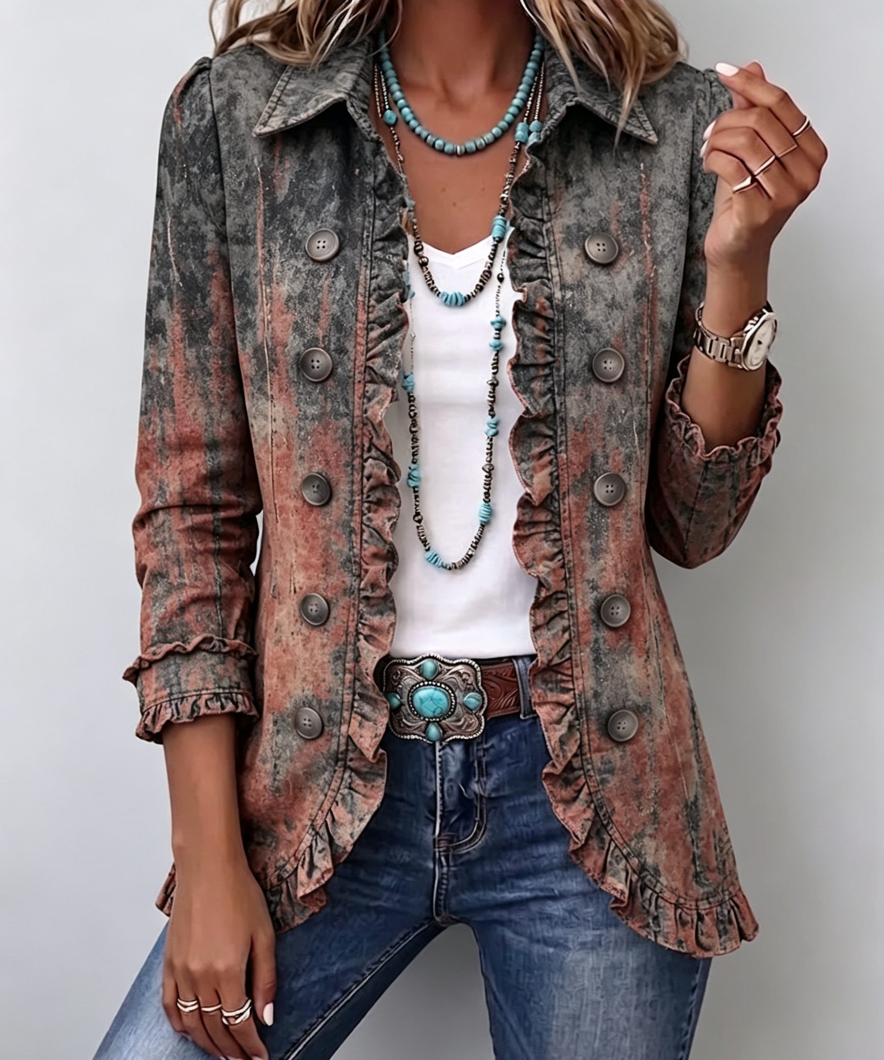Vintage Gradient Textured Print Ruffle Jacket in Desert Wash