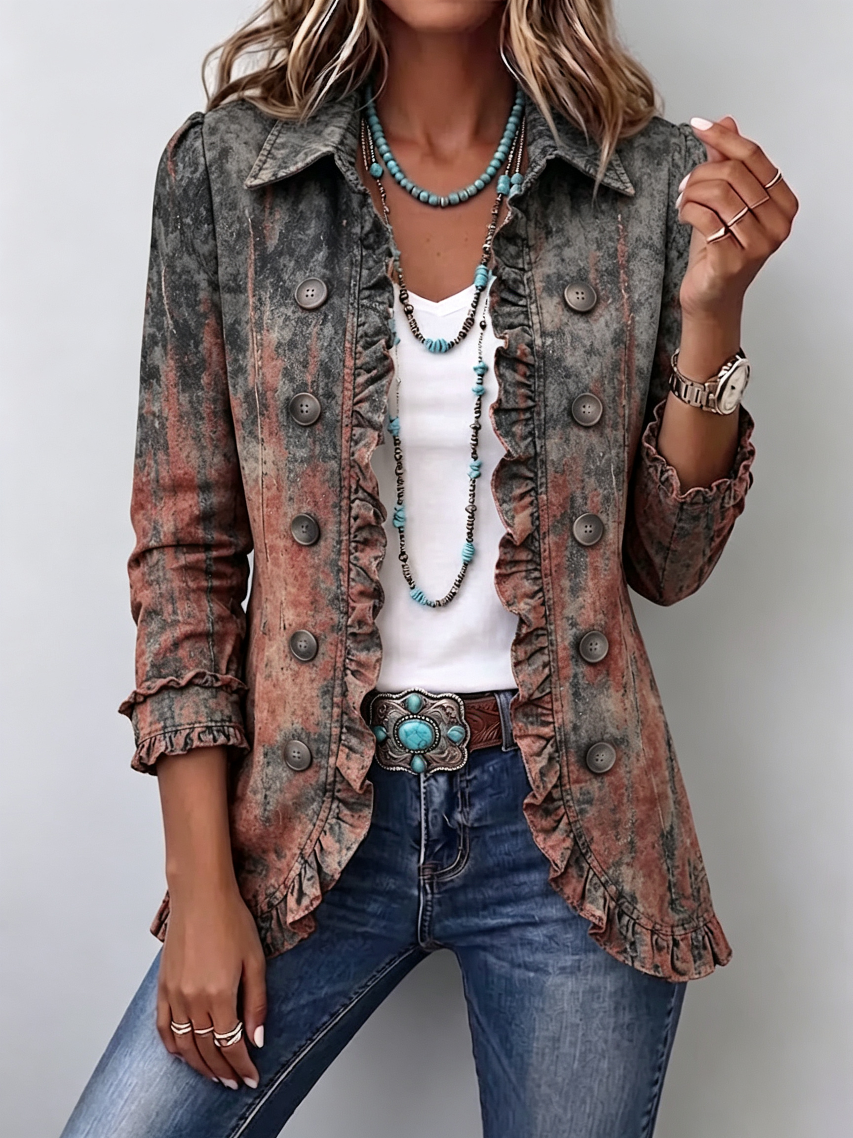 Vintage Gradient Textured Print Ruffle Jacket in Desert Wash