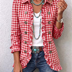 Women's Gingham Ruffled Button-Down Jacket in Red