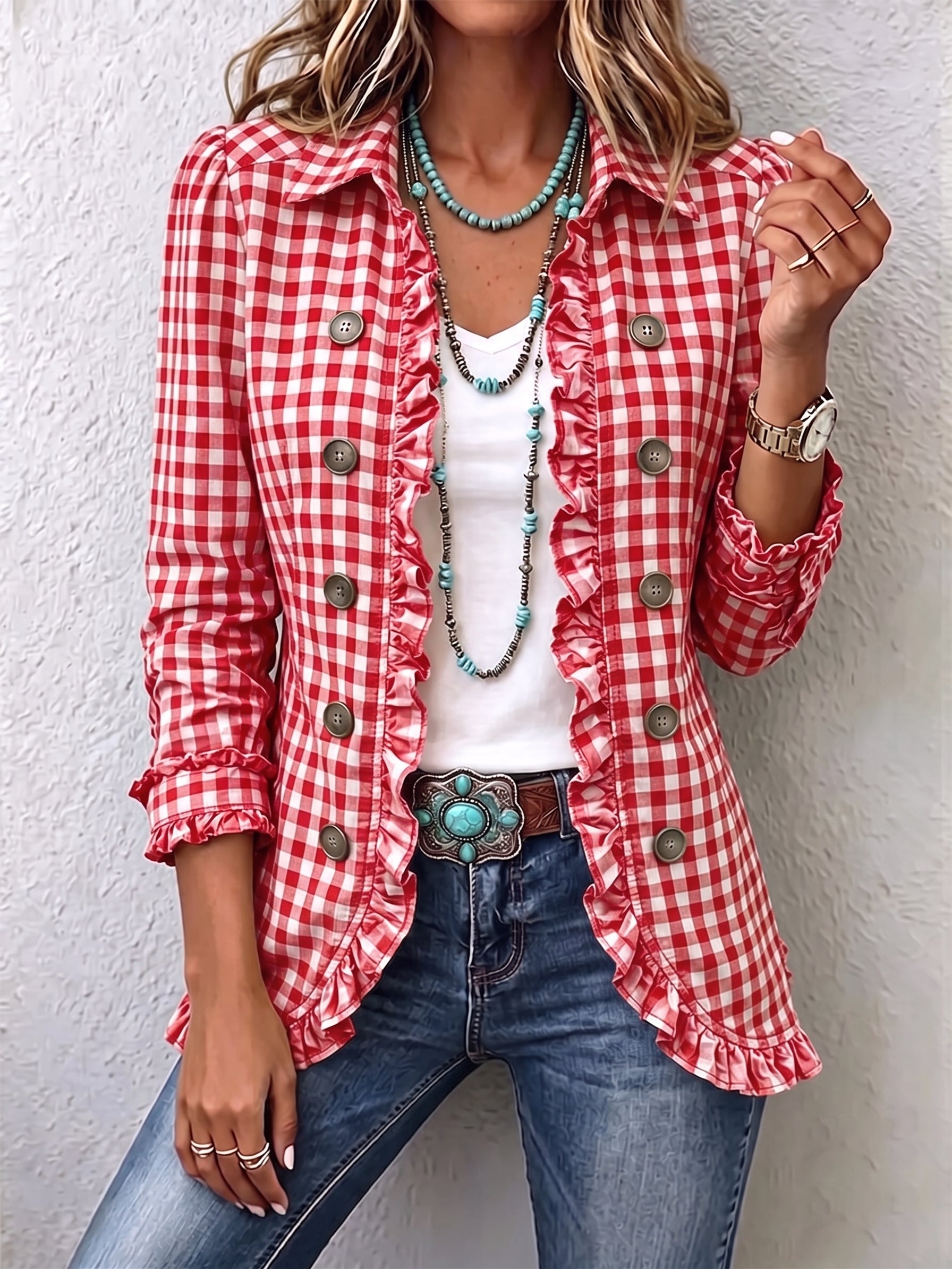 Women's Gingham Ruffled Button-Down Jacket in Red