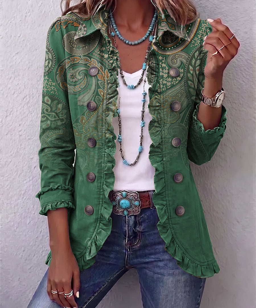 Women's Bohemian Paisley Print Ruffled Jacket in Green Paisley
