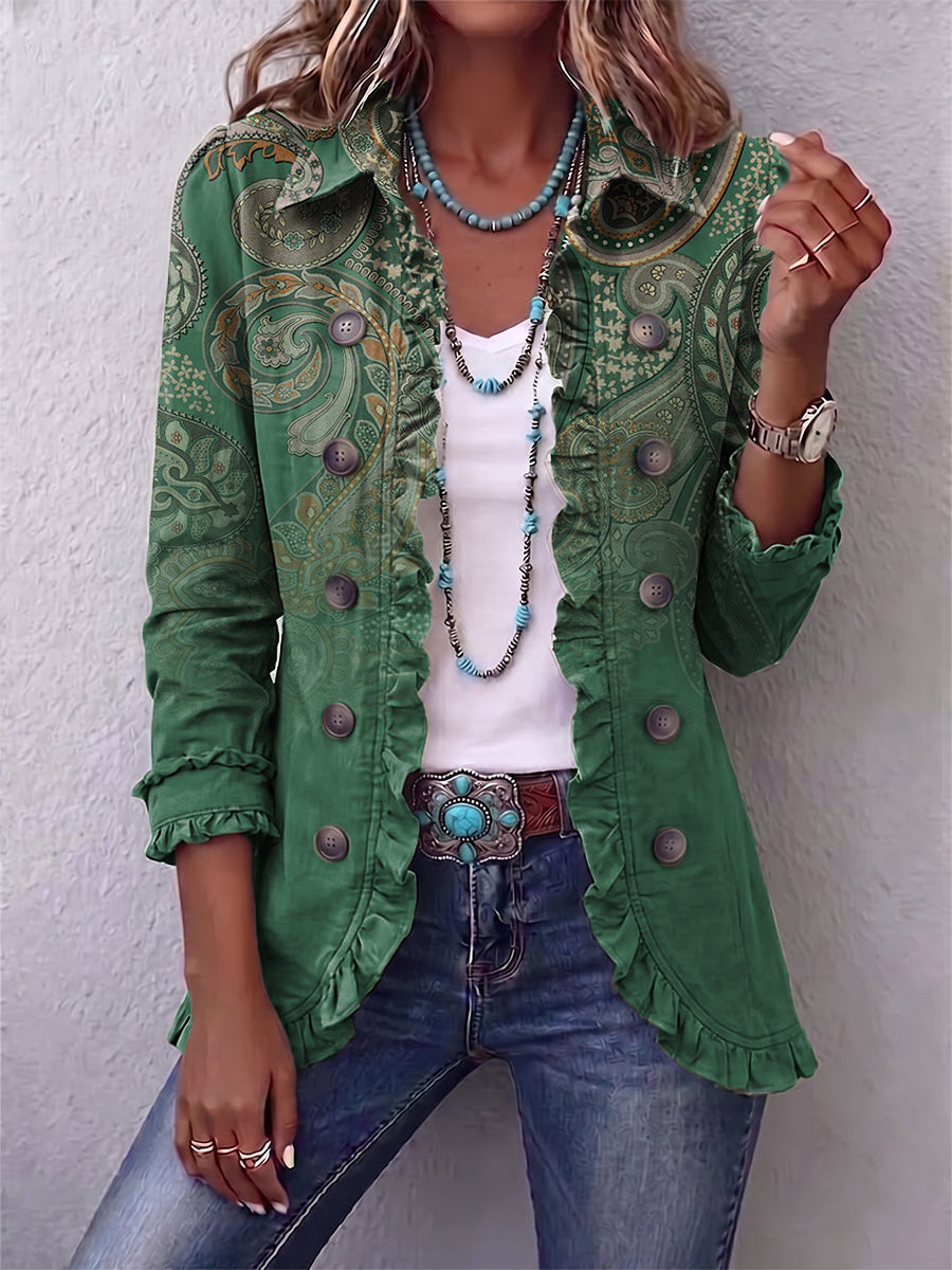 Women's Bohemian Paisley Print Ruffled Jacket in Green Paisley