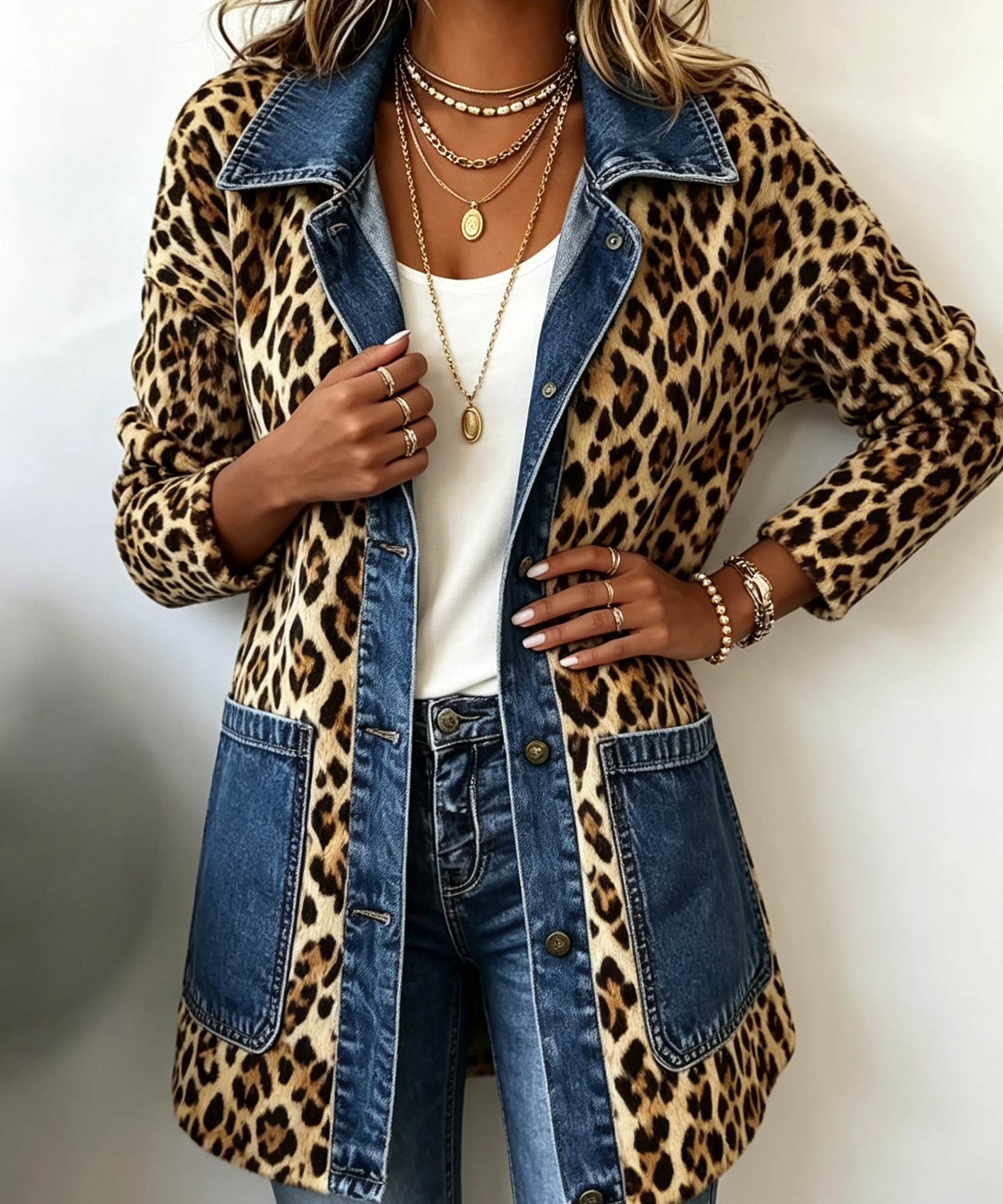 Women's Long Leopard and Denim Jacket