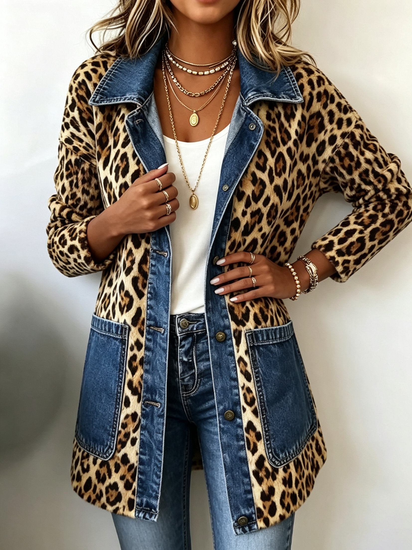 Women's Long Leopard and Denim Jacket