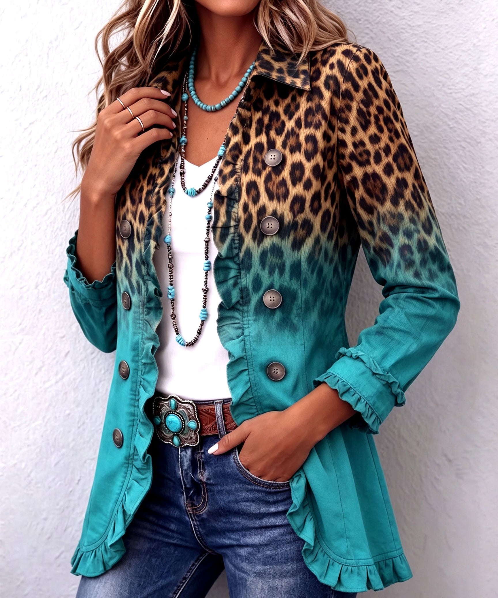 Elspeth Leopard Ombre Ruffle Blazer Jacket, photo 2