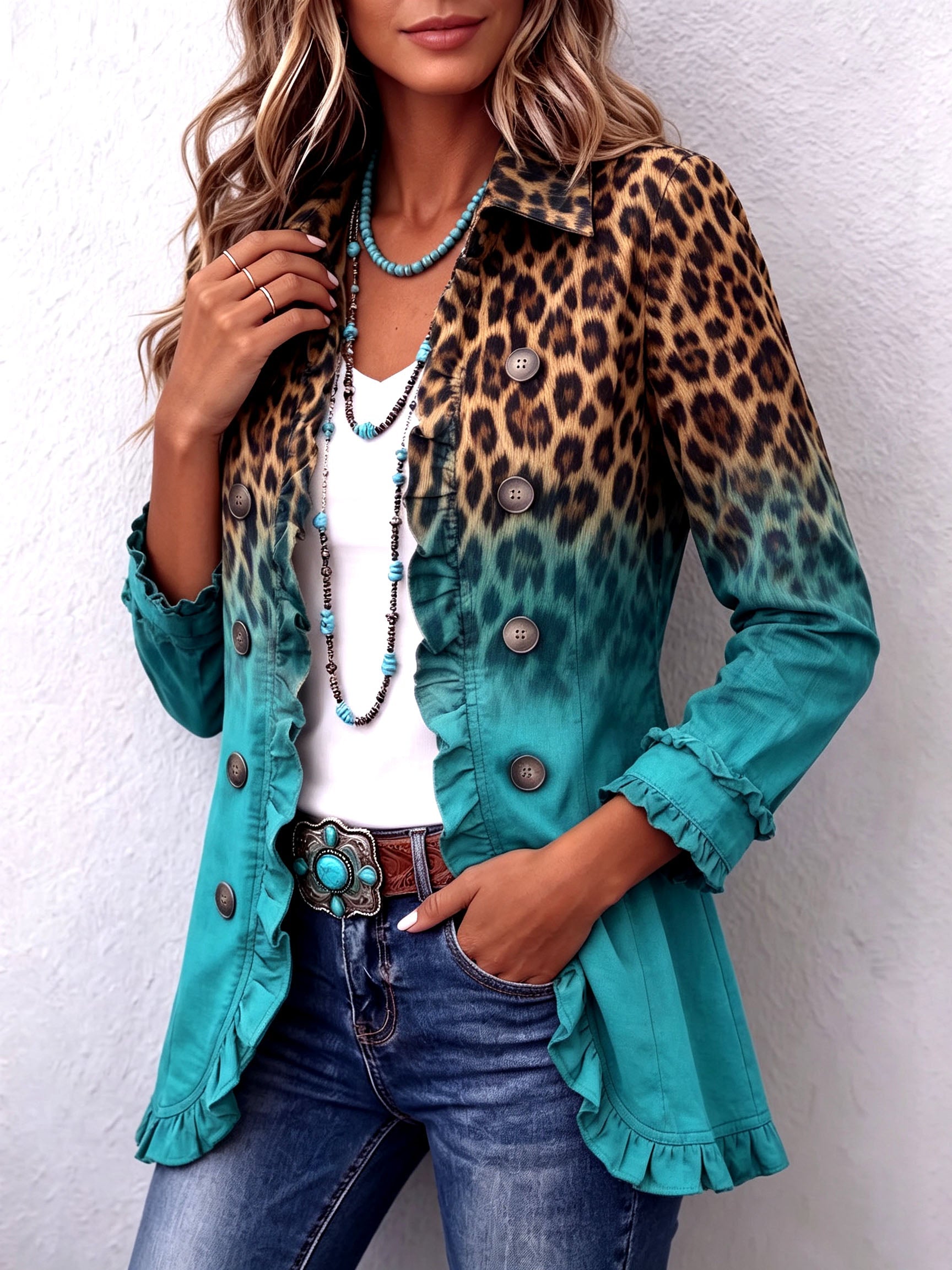 Elspeth Leopard Ombre Ruffle Blazer Jacket, photo 2