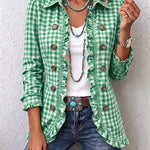 Women's Gingham Ruffled Button-Down Jacket in Green