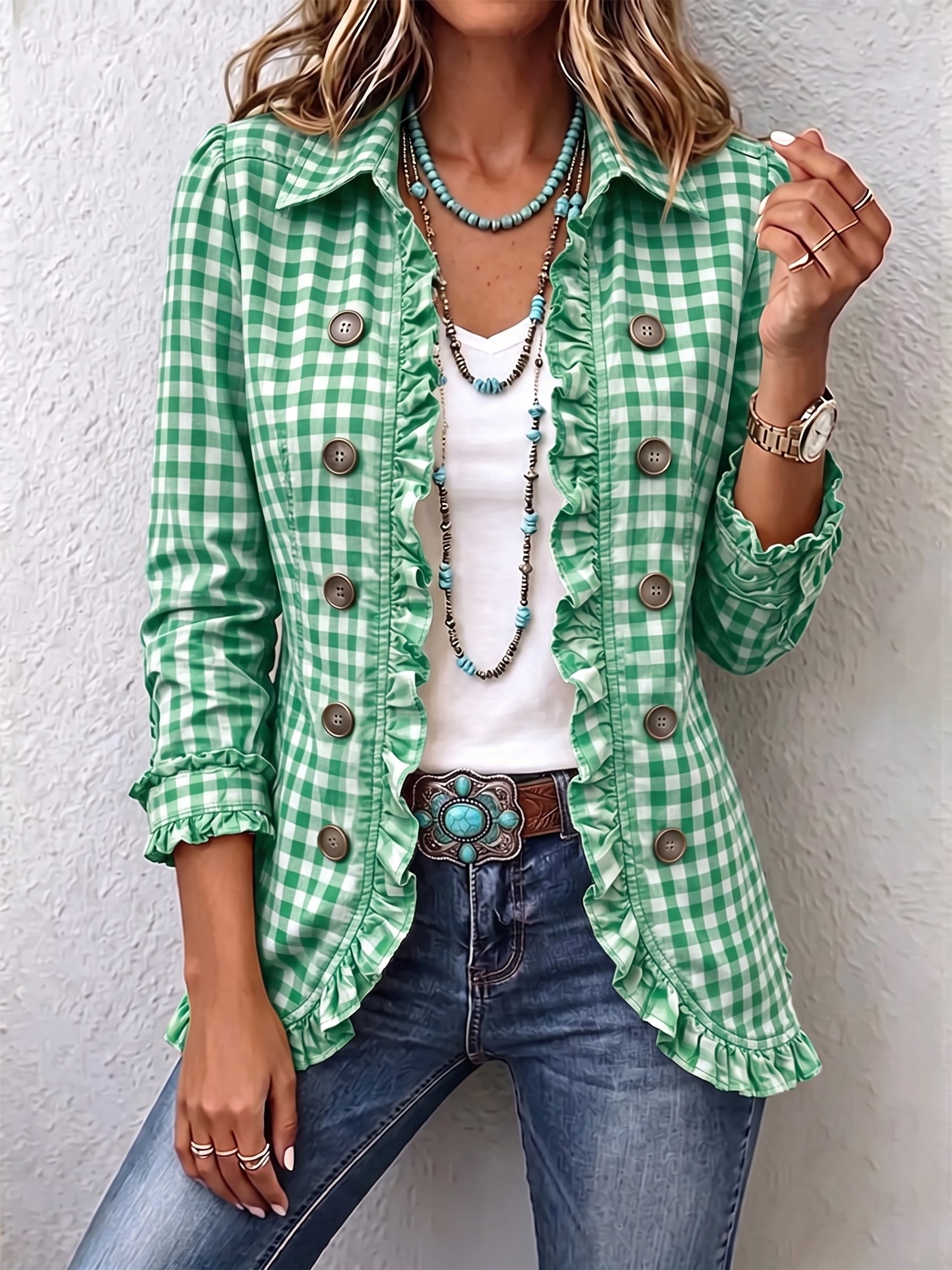 Women's Gingham Ruffled Button-Down Jacket in Green