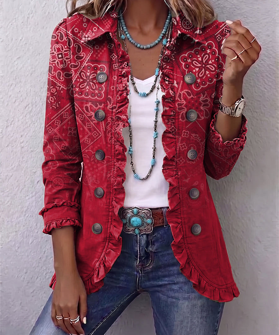 Bohemian Paisley Ombre Print Ruffled Jacket in Red