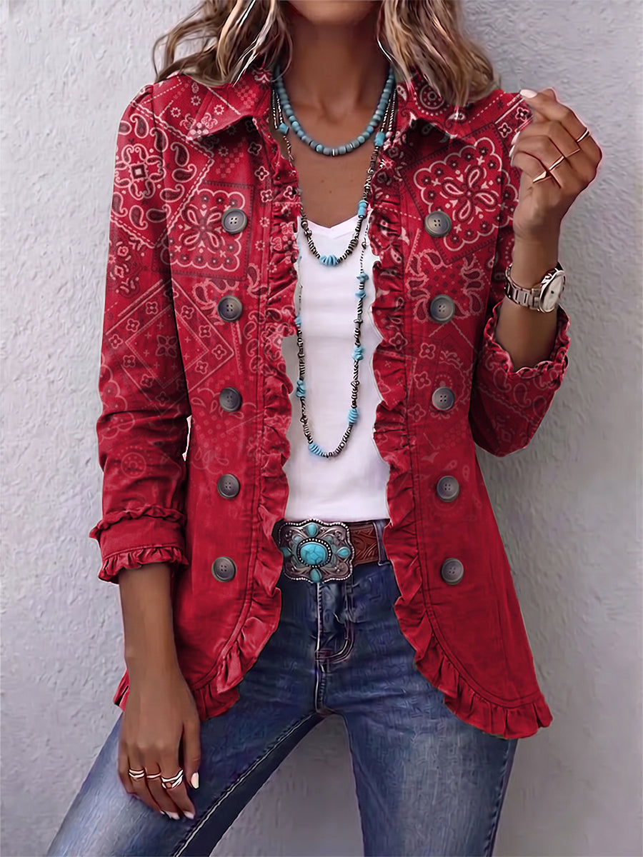 Bohemian Paisley Ombre Print Ruffled Jacket in Red