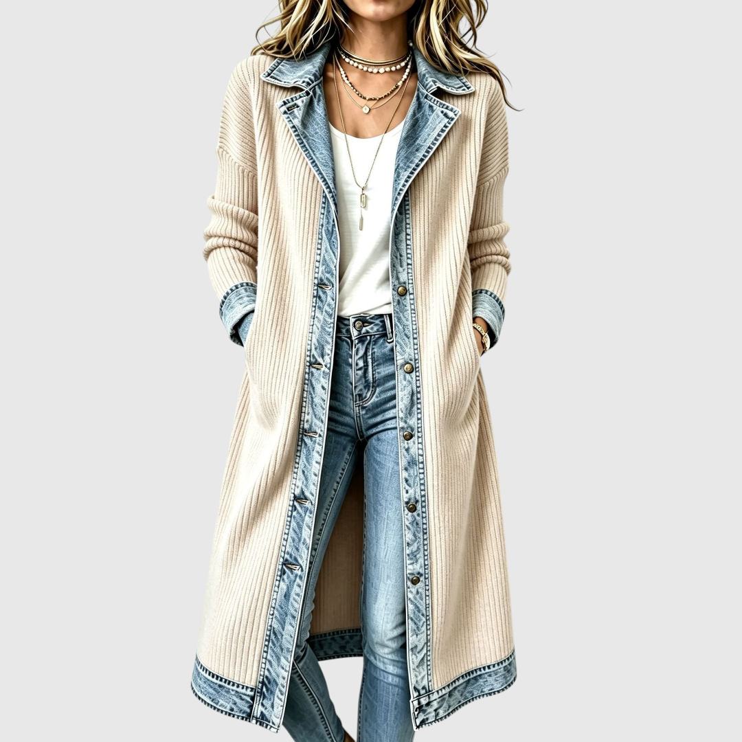 Women's Long Knit and Denim Jacket in Beige