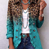 Elspeth Leopard Ombre Ruffle Blazer Jacket in Turquoise