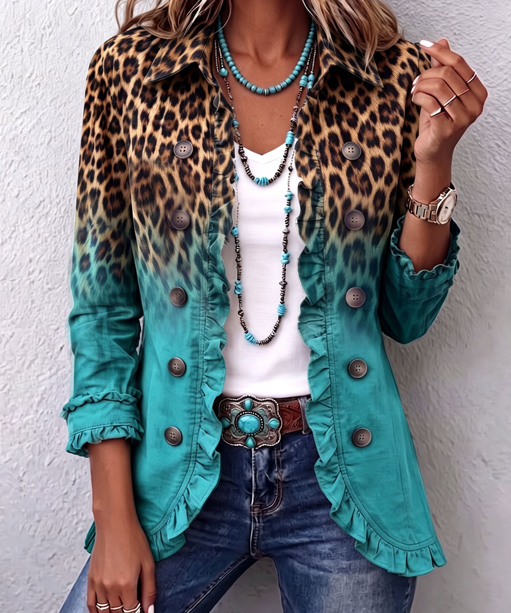 Elspeth Leopard Ombre Ruffle Blazer Jacket in Turquoise