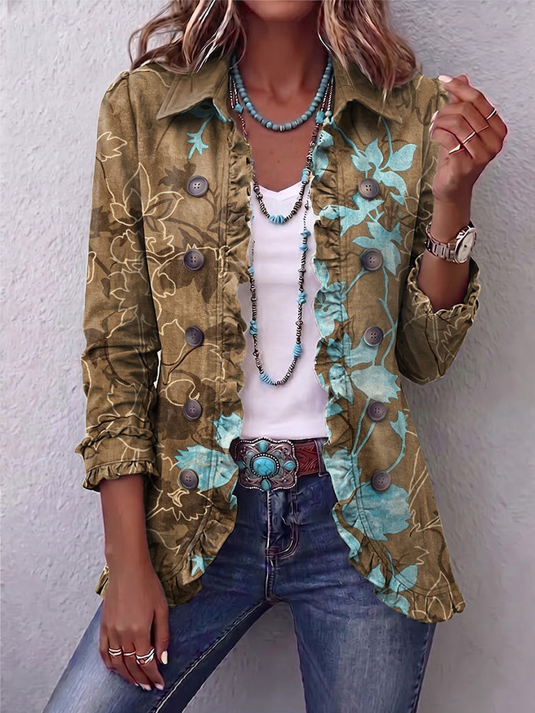 Boho Gradient Vintage Floral Ruffle Jacket in Olive & Turquoise Floral