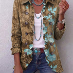 Boho Gradient Vintage Floral Ruffle Jacket in Olive & Turquoise Floral