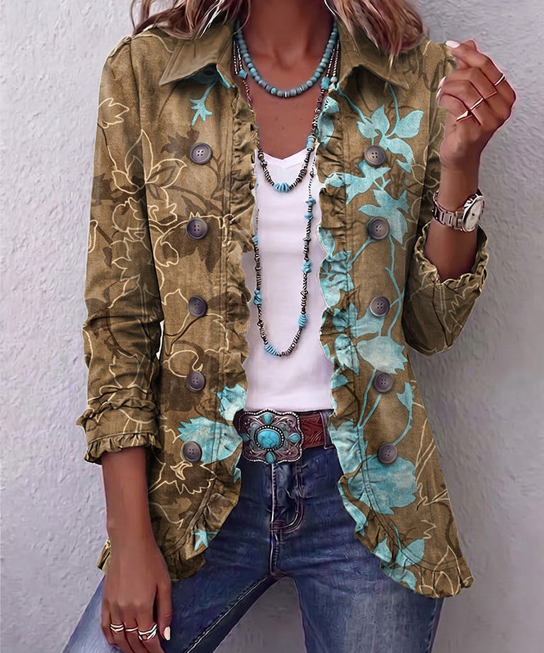 Boho Gradient Vintage Floral Ruffle Jacket in Olive & Turquoise Floral