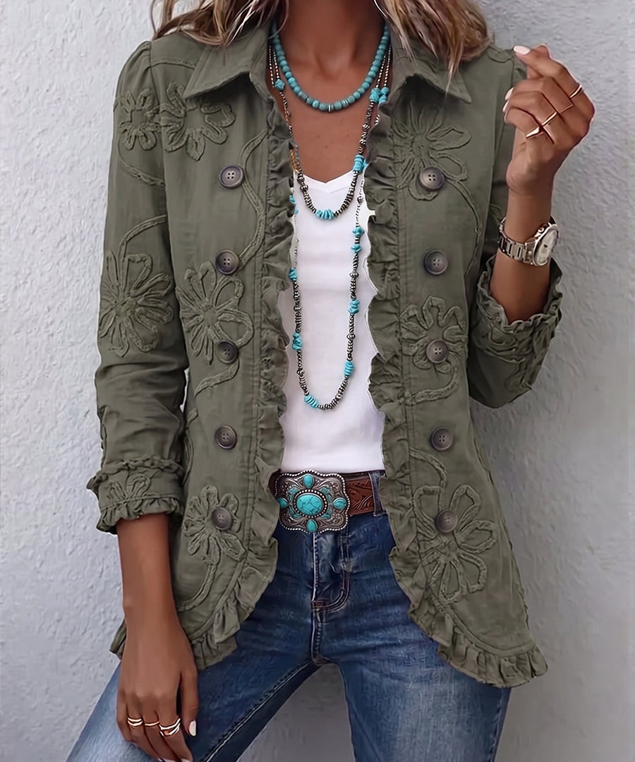 Boho-Chic Floral Embroidered Utility Ruffled Trim Jacket in Retro Green
