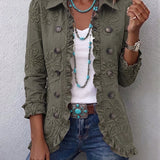 Boho-Chic Floral Embroidered Utility Ruffled Trim Jacket in Retro Green