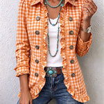 Women's Gingham Ruffled Button-Down Jacket in Orange