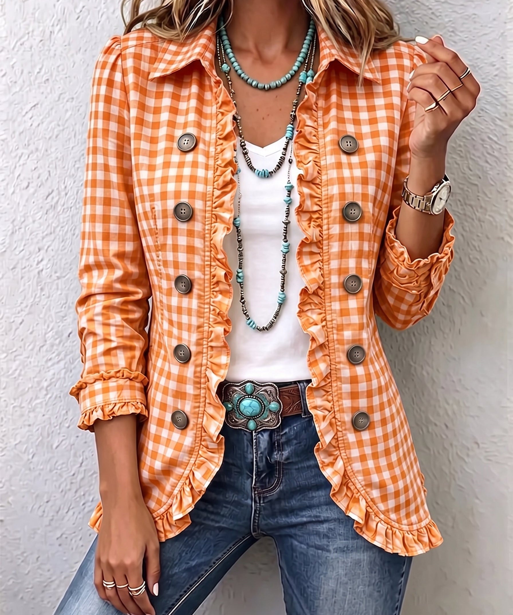 Women's Gingham Ruffled Button-Down Jacket in Orange