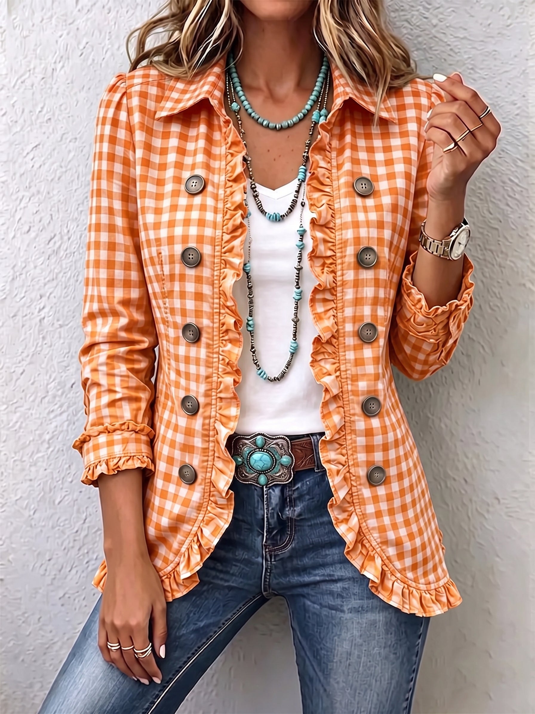 Women's Gingham Ruffled Button-Down Jacket in Orange