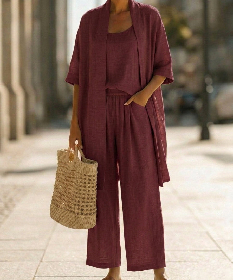 Effortless Linen-Cotton Three-Piece Set in Wine