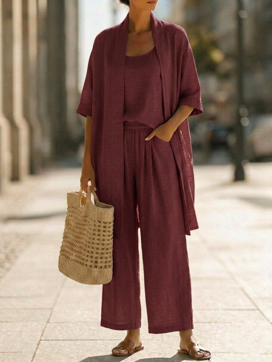 Effortless Linen-Cotton Three-Piece Set in Wine