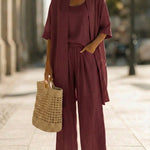 Effortless Linen-Cotton Three-Piece Set in Wine