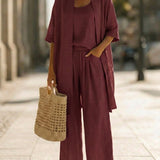Effortless Linen-Cotton Three-Piece Set in Wine