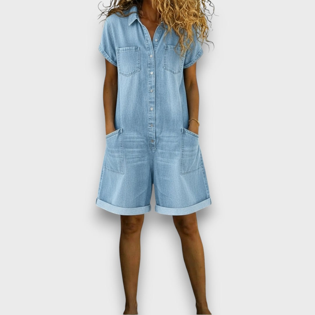 Clara Vintage Denim-Look Romper in Light Blue