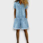 Clara Vintage Denim-Look Romper in Light Blue