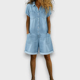 Clara Vintage Denim-Look Romper in Light Blue