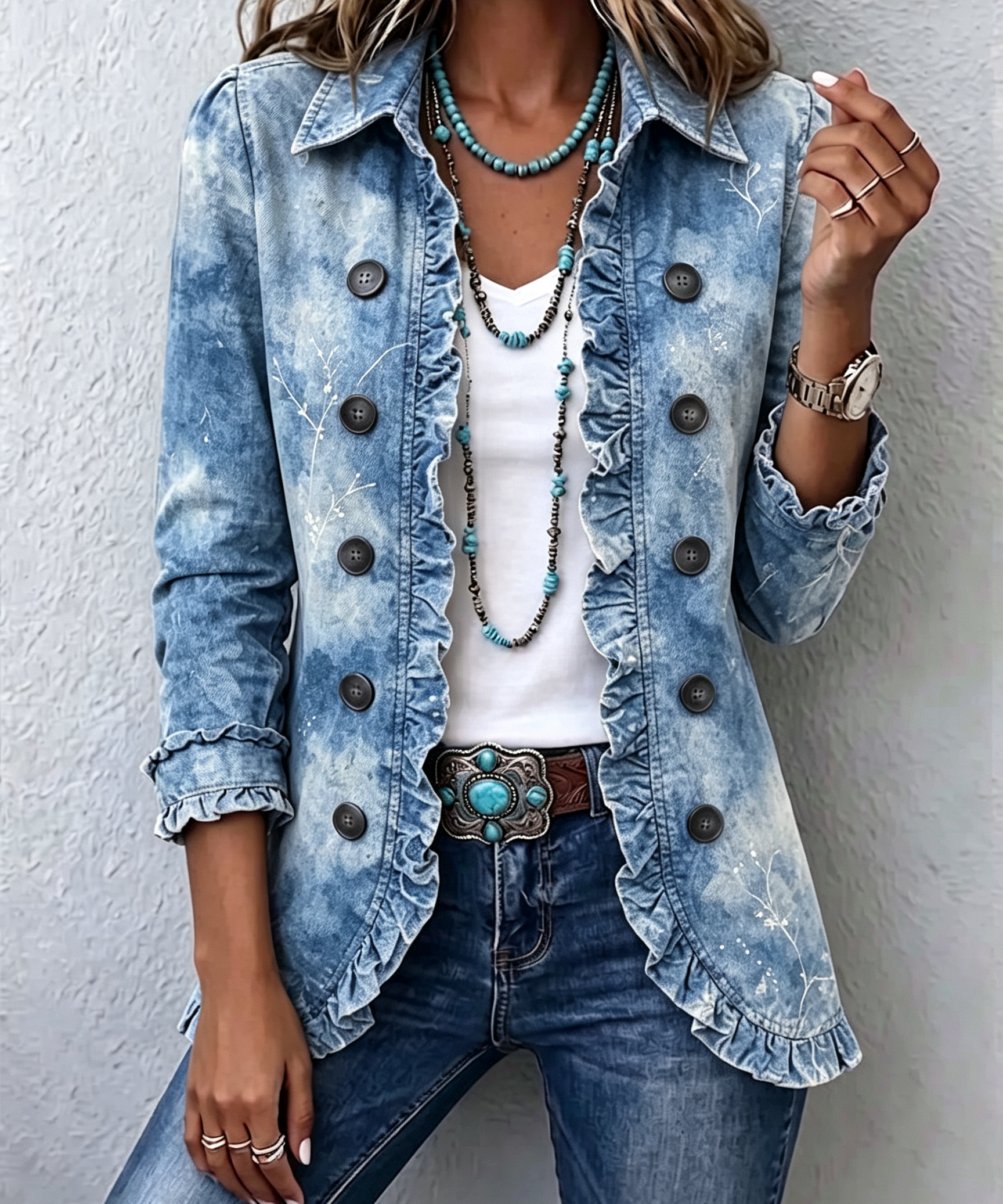 Boho Gradient Botanical Ruffle Jacket in Blue