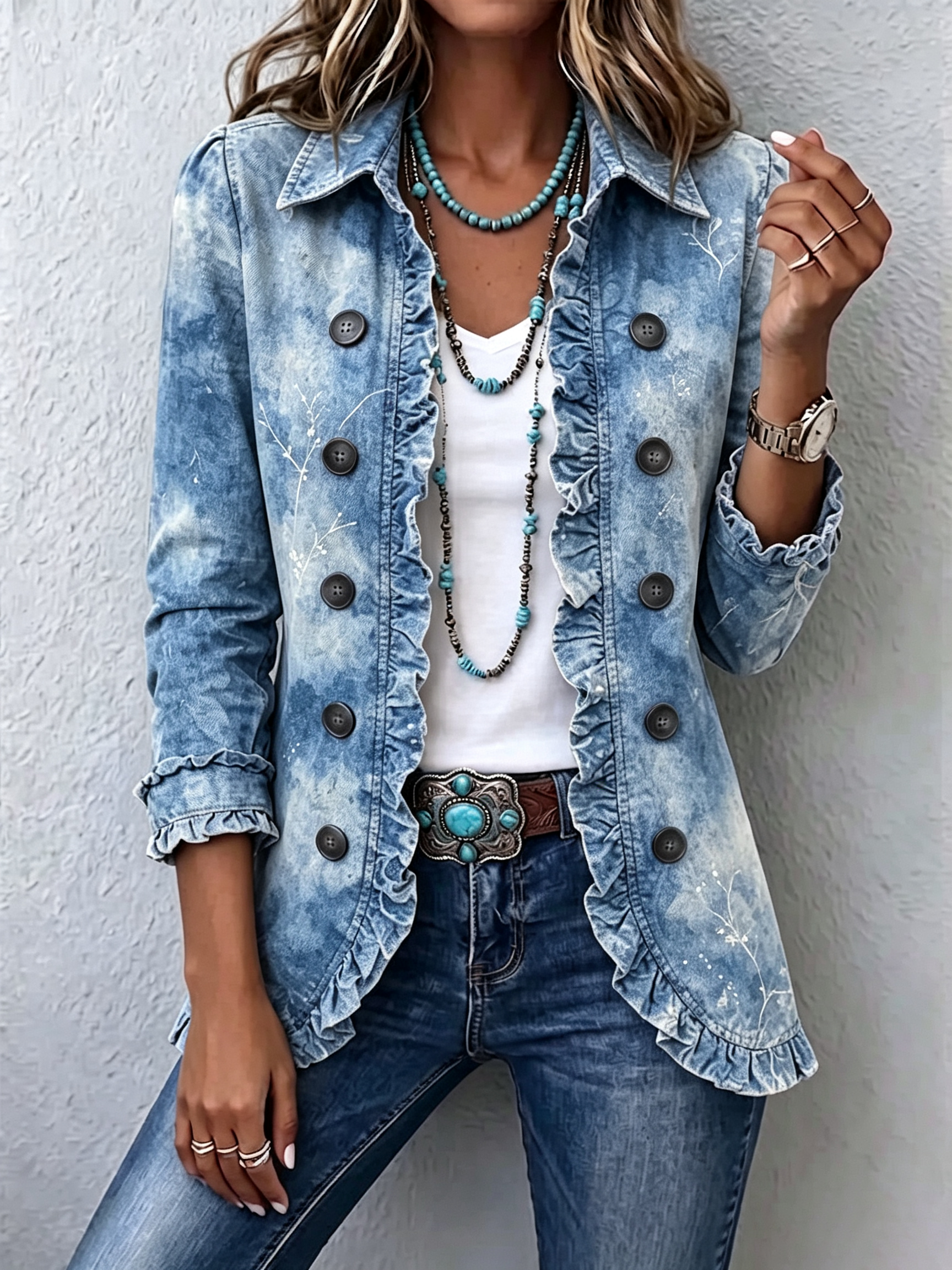 Boho Gradient Botanical Ruffle Jacket in Blue