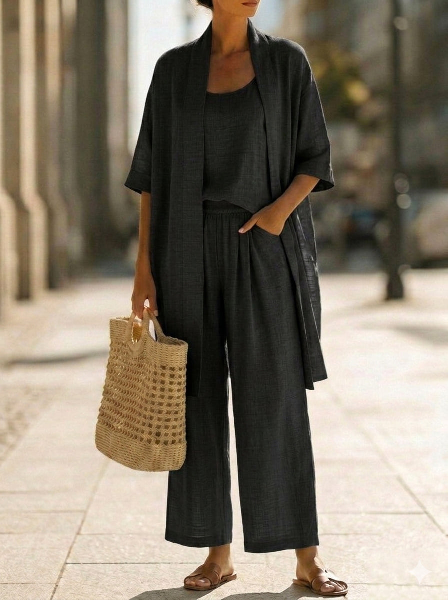 Effortless Linen-Cotton Three-Piece Set in Black