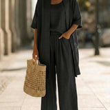 Effortless Linen-Cotton Three-Piece Set in Black