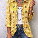 Women's Gingham Ruffled Button-Down Jacket in Yellow