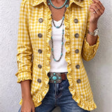 Women's Gingham Ruffled Button-Down Jacket in Yellow