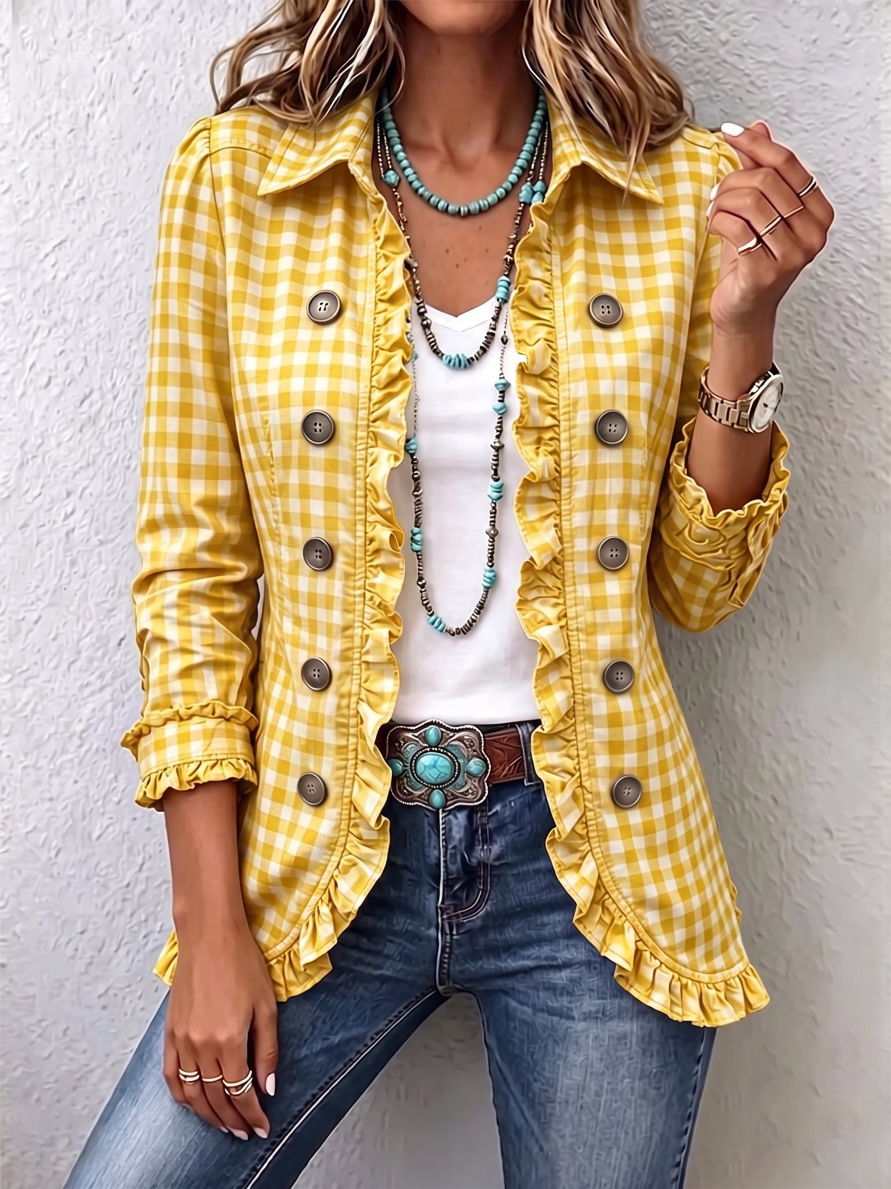 Women's Gingham Ruffled Button-Down Jacket in Yellow