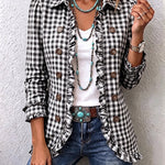 Women's Gingham Ruffled Button-Down Jacket in Black