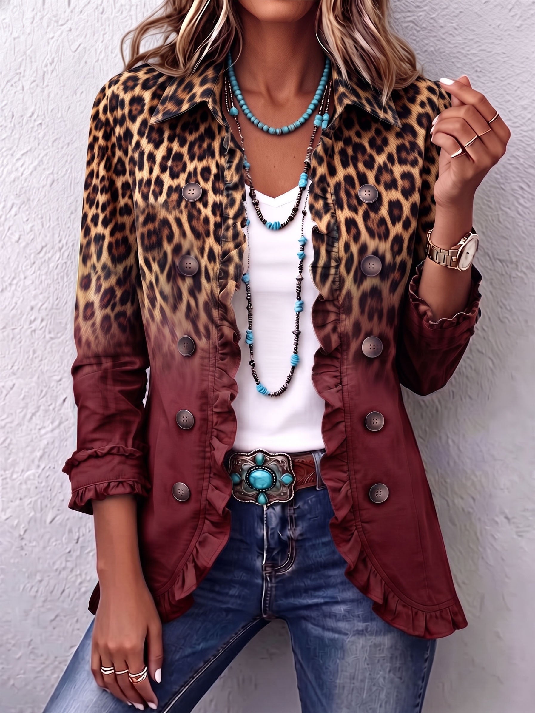 Elspeth Leopard Ombre Ruffle Blazer Jacket in Wine