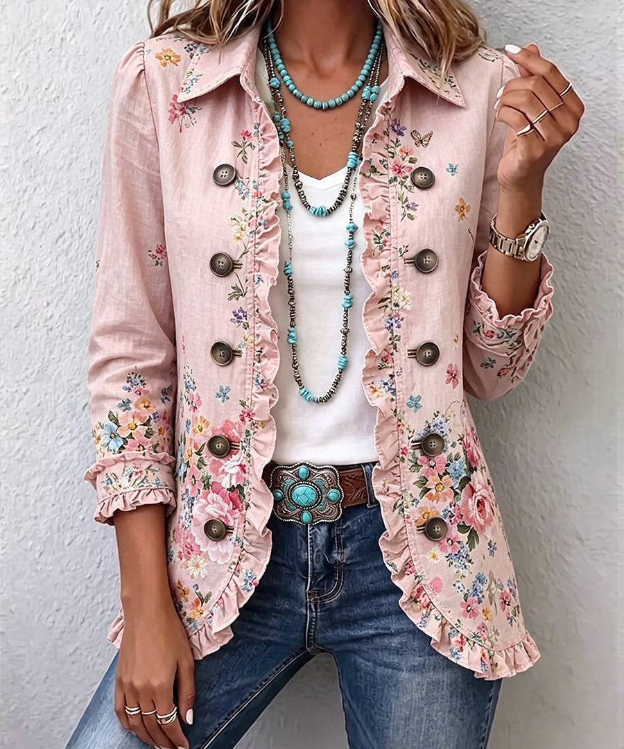 Women's Floral Ruffle Button-Front Jacket in Pink