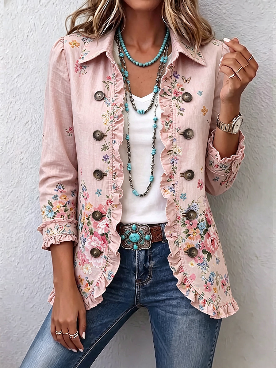Women's Floral Ruffle Button-Front Jacket in Pink