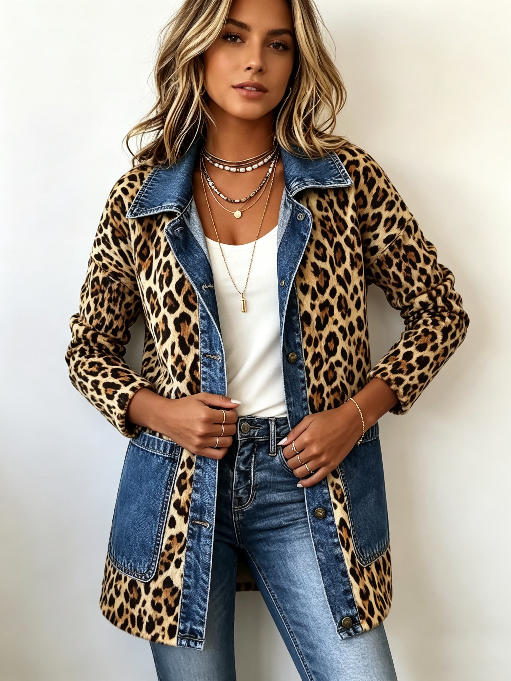Women's Long Leopard and Denim Jacket, photo 3